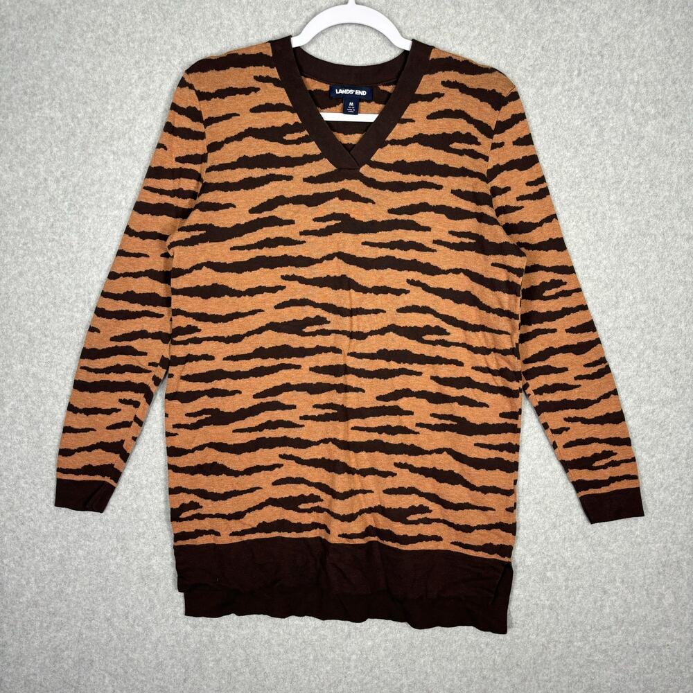 Lands End Sweater Womens Medium‎ Brown Tunic Animal Zebra Soft Cozy Thin Cotton